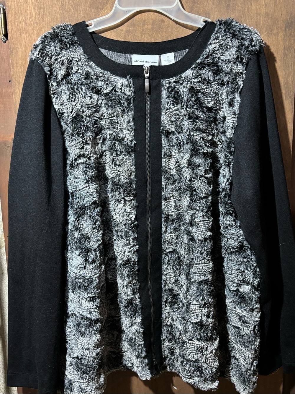 Alfred Dunner Black Knit Jacket with Gray Faux Fur Panels